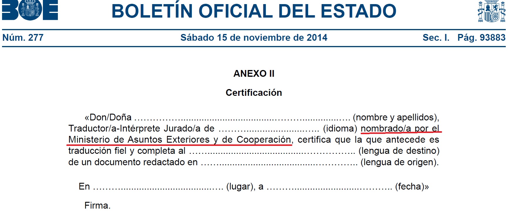 certificación BOE