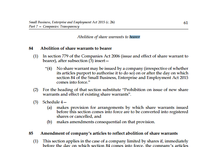 Imagen de la SBBE de 2015 - ley inglesa - donde se ilustra un punto sobre la abolición de acciones al portador en Inglaterra