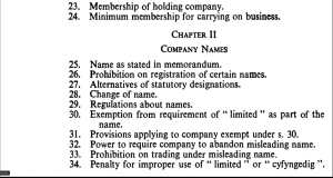 Toma de pantalla del índice de la ley de sociedades inglesa de 1985 para ilustrar un punto sobre la denominación de las sociedades