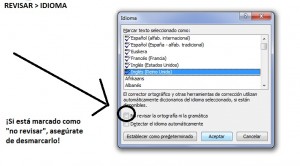 La acción de seleccionar el idioma del CV en MS Word