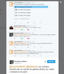 Imagen de una encuesta de Twitter sobre el pago de un encargo de traducción