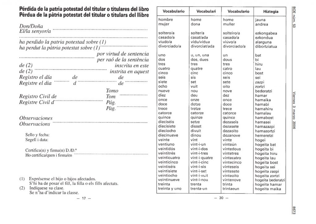 Toma de pantalla del cuadro de traducciones a lenguas co-oficiales del libro de familia