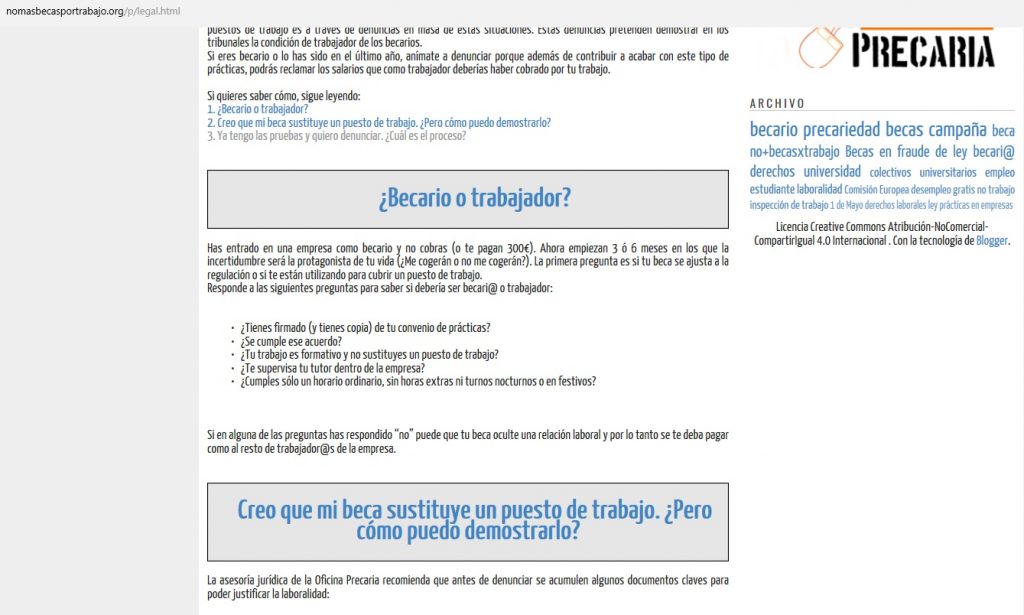 Toma de pantalla de la página web "no más becas por trabajo".