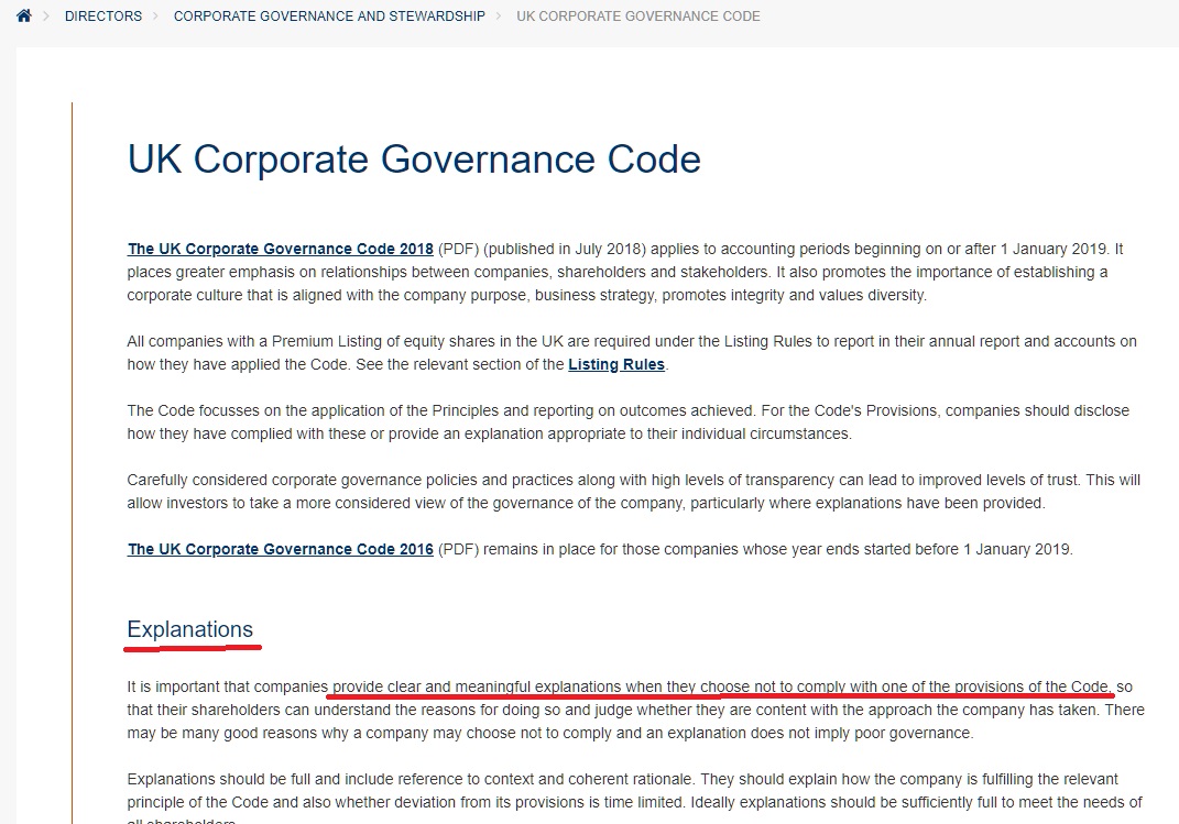 Toma de pantalla del Código de Gobernanza Corporativa del Reino Unido