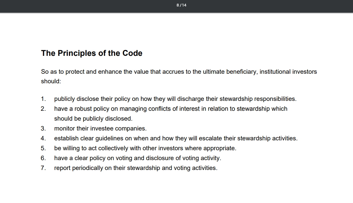 Toma de pantalla de los principios del UK Stewardship Code