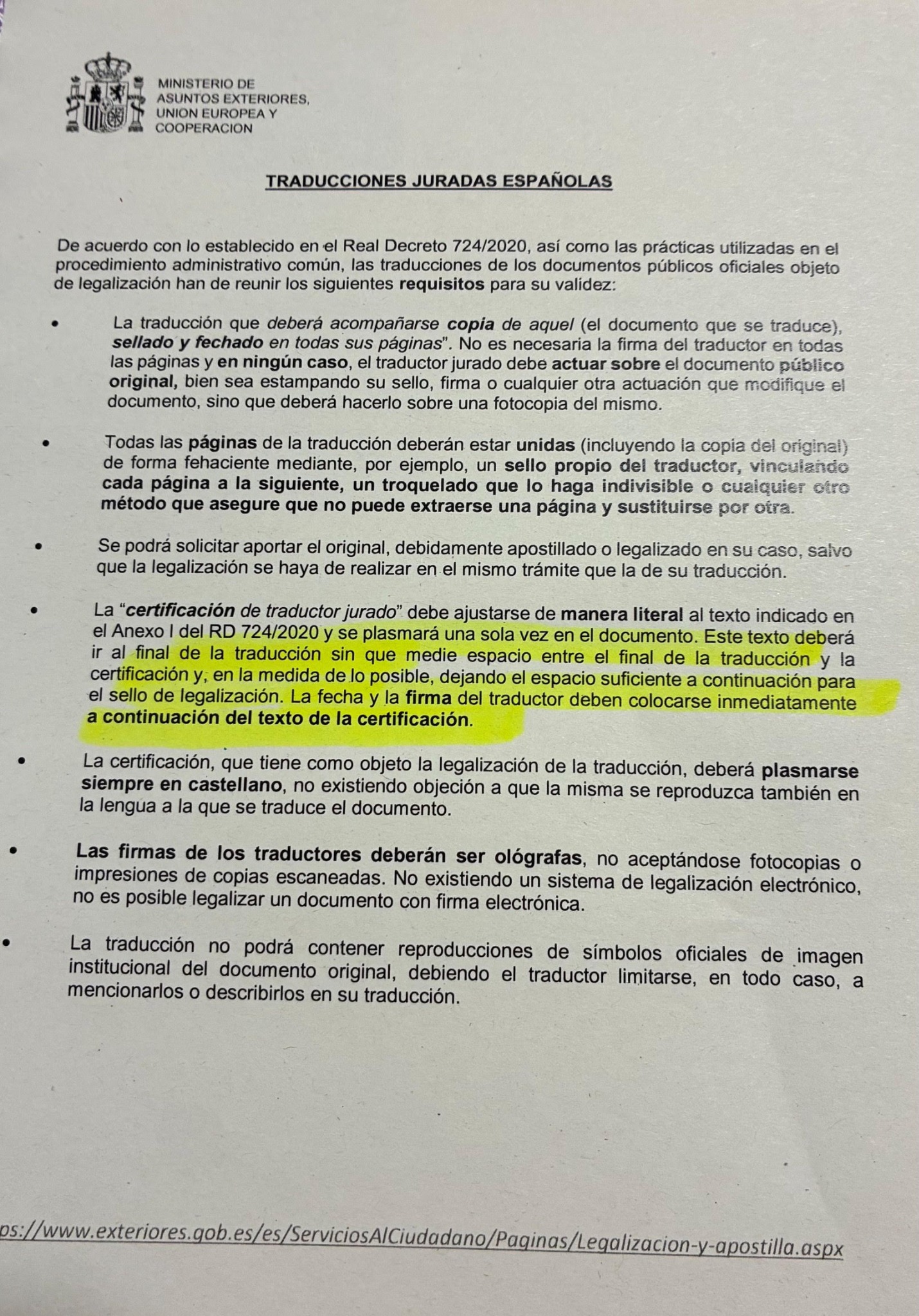 Requisitos del Ministerio de Asuntos Exteriores para la legalización de traducciones juradas