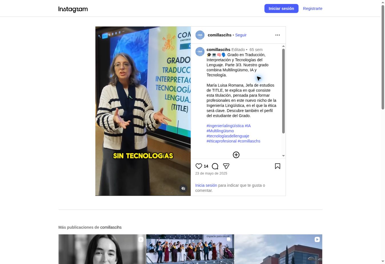 Anuncio del Grado en Traducción, Interpretación y Tecnologías del Lenguaje de la Universidad Pontificia Comillas en Instagram