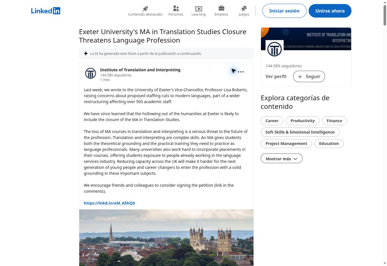 Publicación del Institute of Translation and Interpreting sobre el posible cierre del máster de Traducción de Exeter