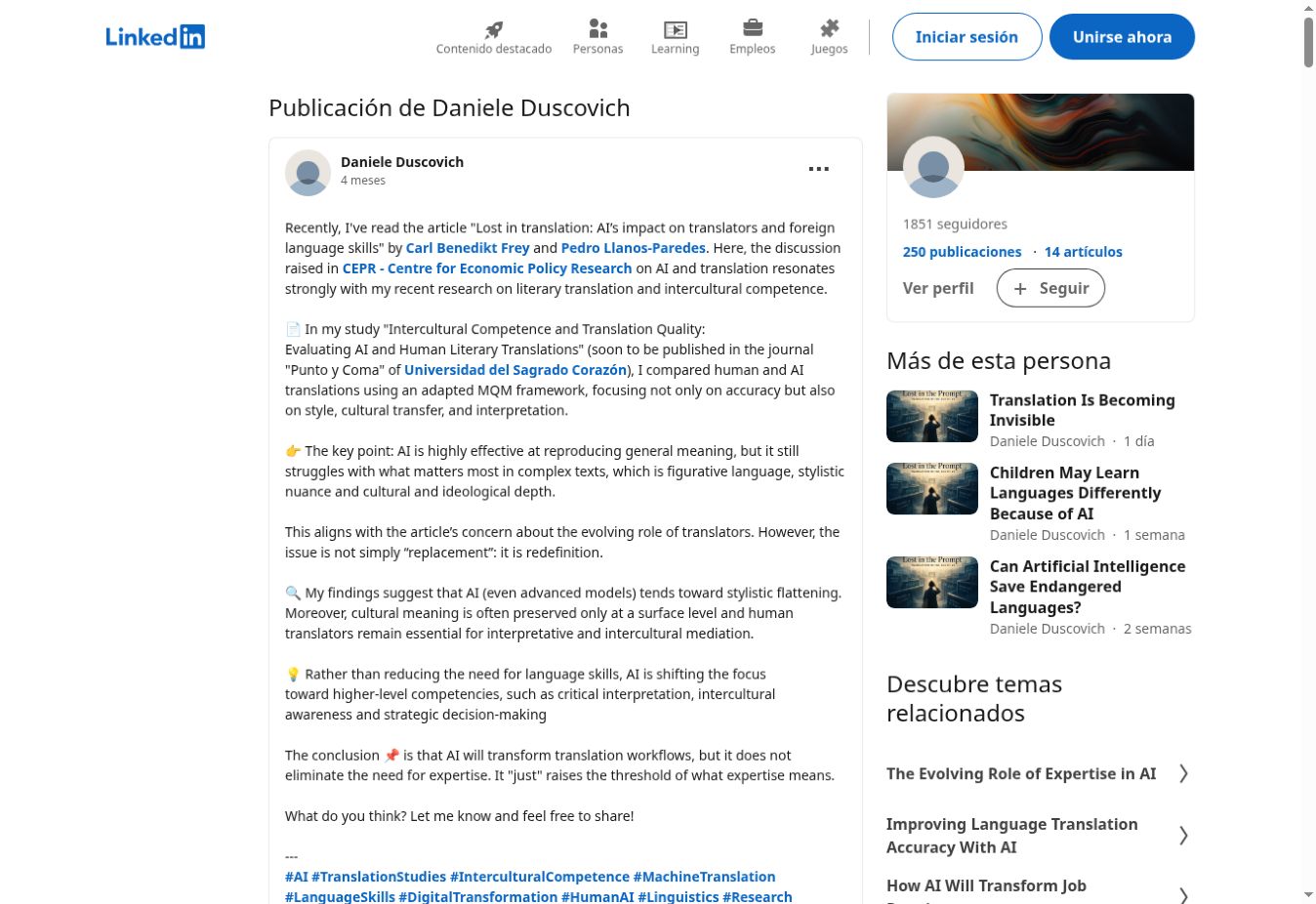 Publicación de Daniele Duscovich sobre inteligencia artificial y traducción humana