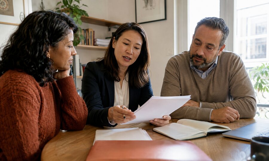 Traductora revisando documentos con clientes particulares y de empresa