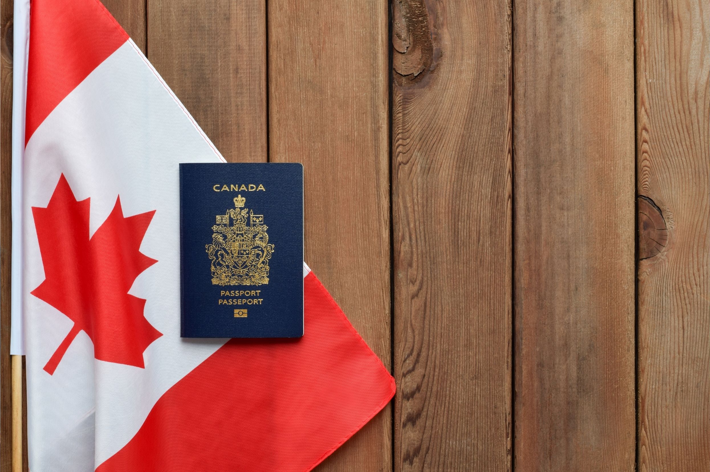 Pasaporte canadiense sobre la bandera de Canadá