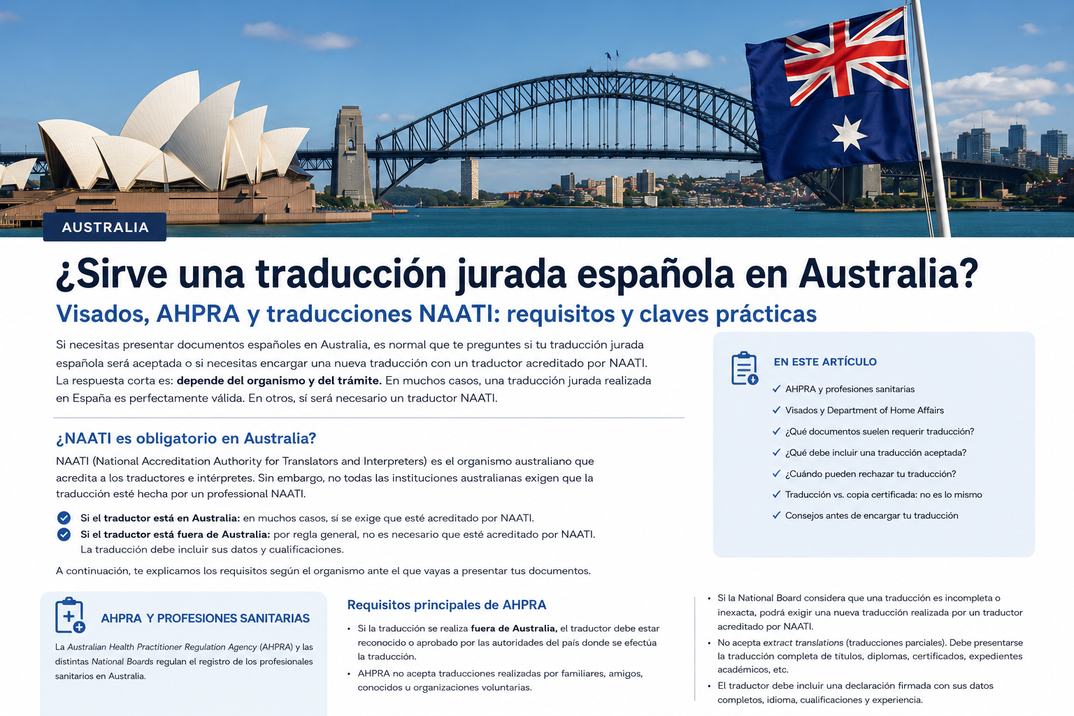 Traducción jurada española para Australia: visados, AHPRA y NAATI