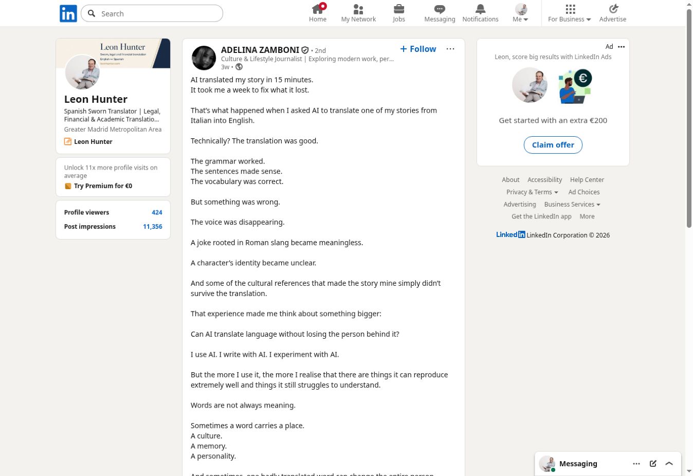 Publicación de Adelina Zamboni sobre la pérdida de voz en una traducción con inteligencia artificial