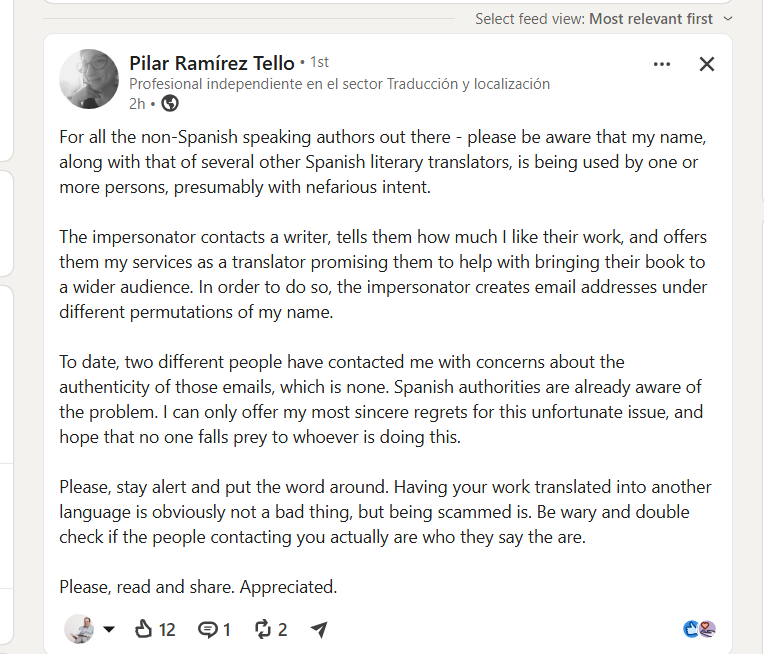 Advertencia de Pilar Ramírez Tello sobre la suplantación de su identidad profesional