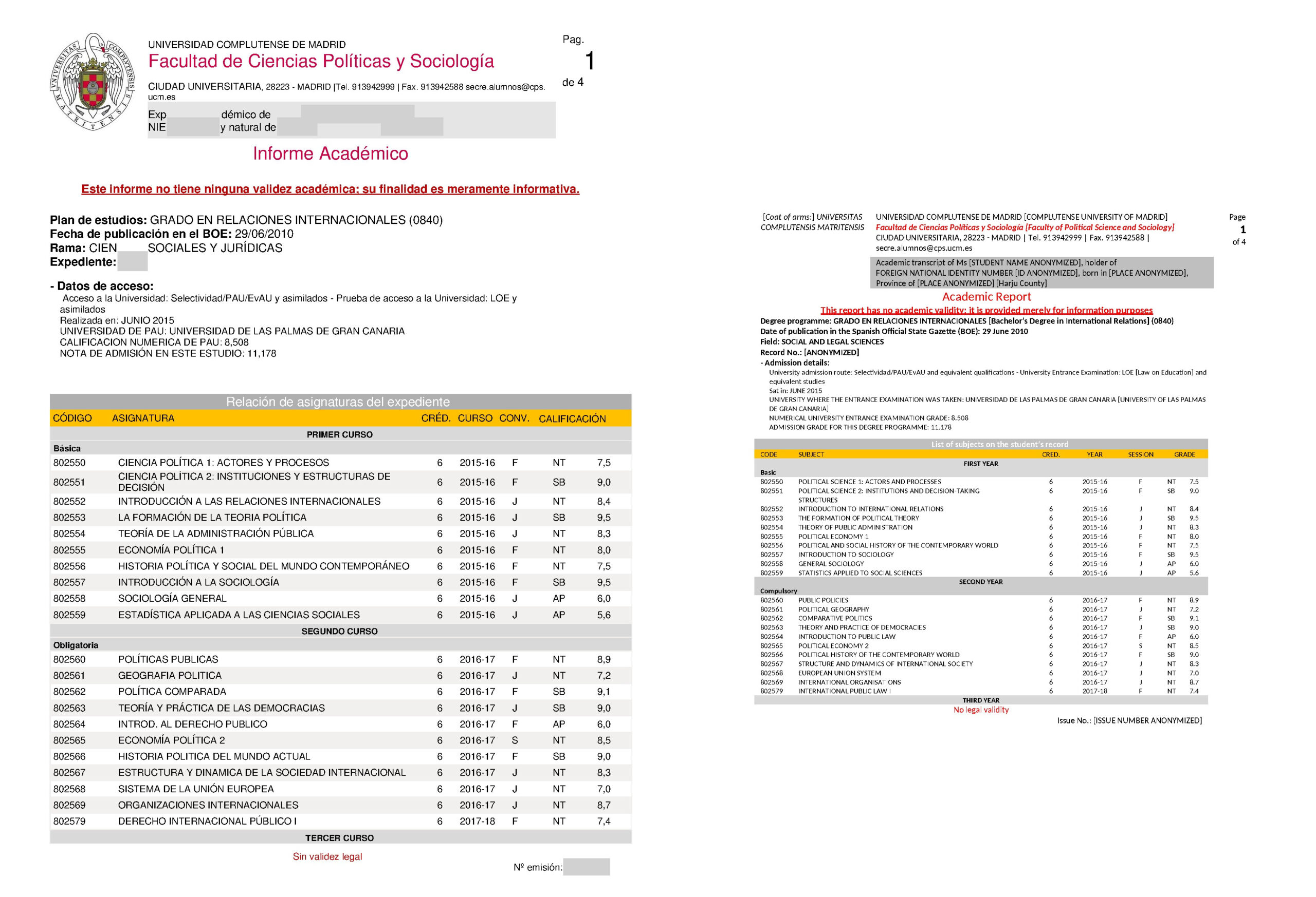 Expediente académico de la Universidad Complutense: original y traducción al inglés, primera página