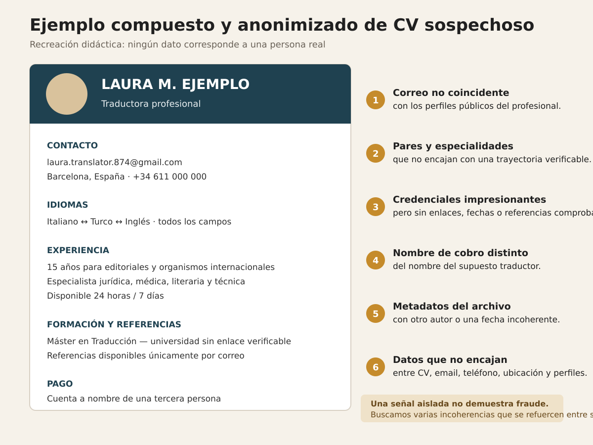 Ejemplo compuesto y anonimizado de un CV de traductor sospechoso con seis señales de alerta
