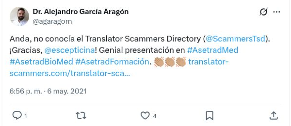 Publicación de Alejandro García Aragón en X sobre el Translator Scammers Directory