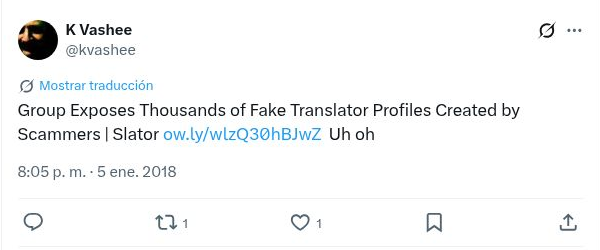 Publicación de K Vashee en X sobre miles de perfiles de traductores falsos